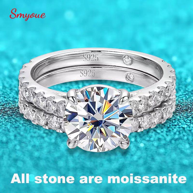 Smyoue 18k Plated 0.6-4.2CT All Moissanite Rings for Women Sparkly Luxury Wedding Diamond Band 100% 925 Silver Jewelry