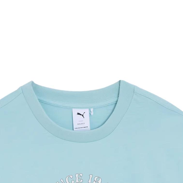 PUMA Apres Court Short Sleeve Tee With Alphanumeric Print, Comfortable And Breathable Casual Unisex Tops Light-Water-Green 628235-22