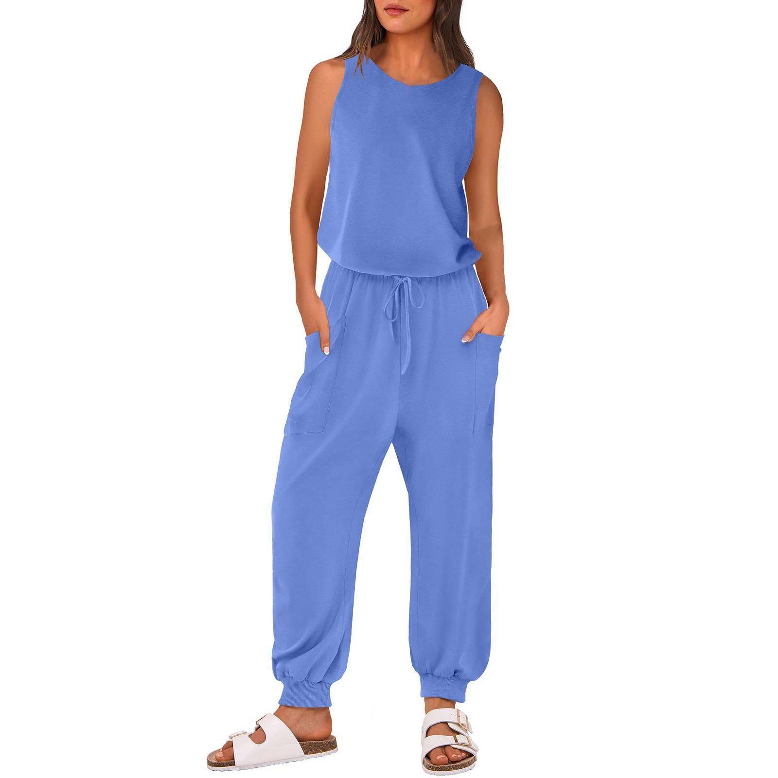 

Комбинезоны для женщин, повседневные комбинезоны без рукавов с R-образным вырезом, тренировочные комбинезоны с карманами M синий