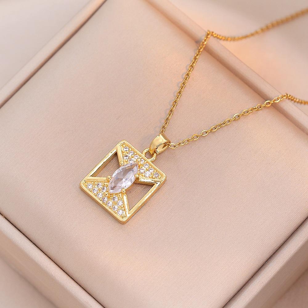 Elegant Female White Pink Blue Zircon Stone Square Skeleton Water Drop Pendant Necklace Gold Color Wedding Jewelry For Women