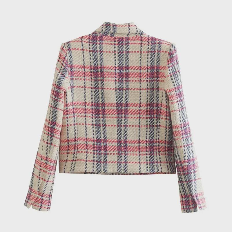 2023 Spring Zaura Women's Plaid Woolen Double-Breasted Slim-Fit Suit Jacket