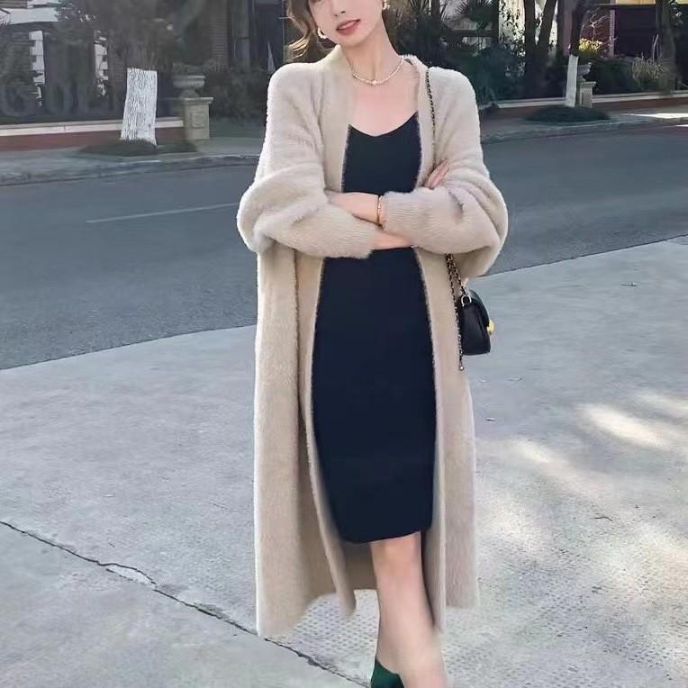Women's Fluffy Faux Mink Knit Cardigan Coat - White, Autumn/Winter Loose Fit