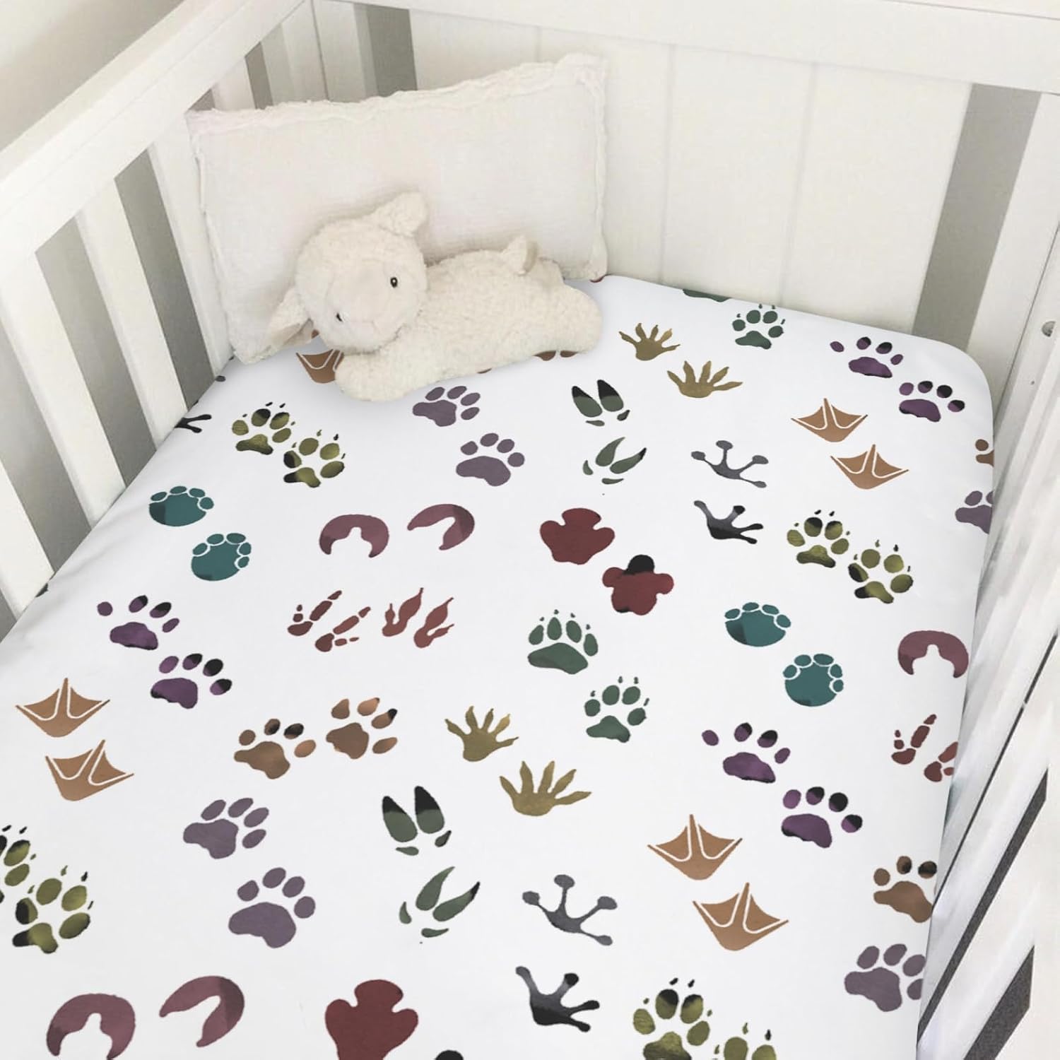 

Woodland Animals Tracks Baby Crib Sheets 52 x28 Forest Animals Footprint Snug Fitted Crib Mattress Cover for Boy Girl Wild Animals Soft Baby Bed One size зелений