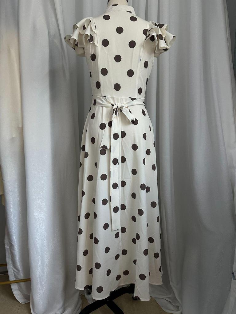 2026 European Retro Polka Dot Puff Sleeve Lace-up Slimming Dress