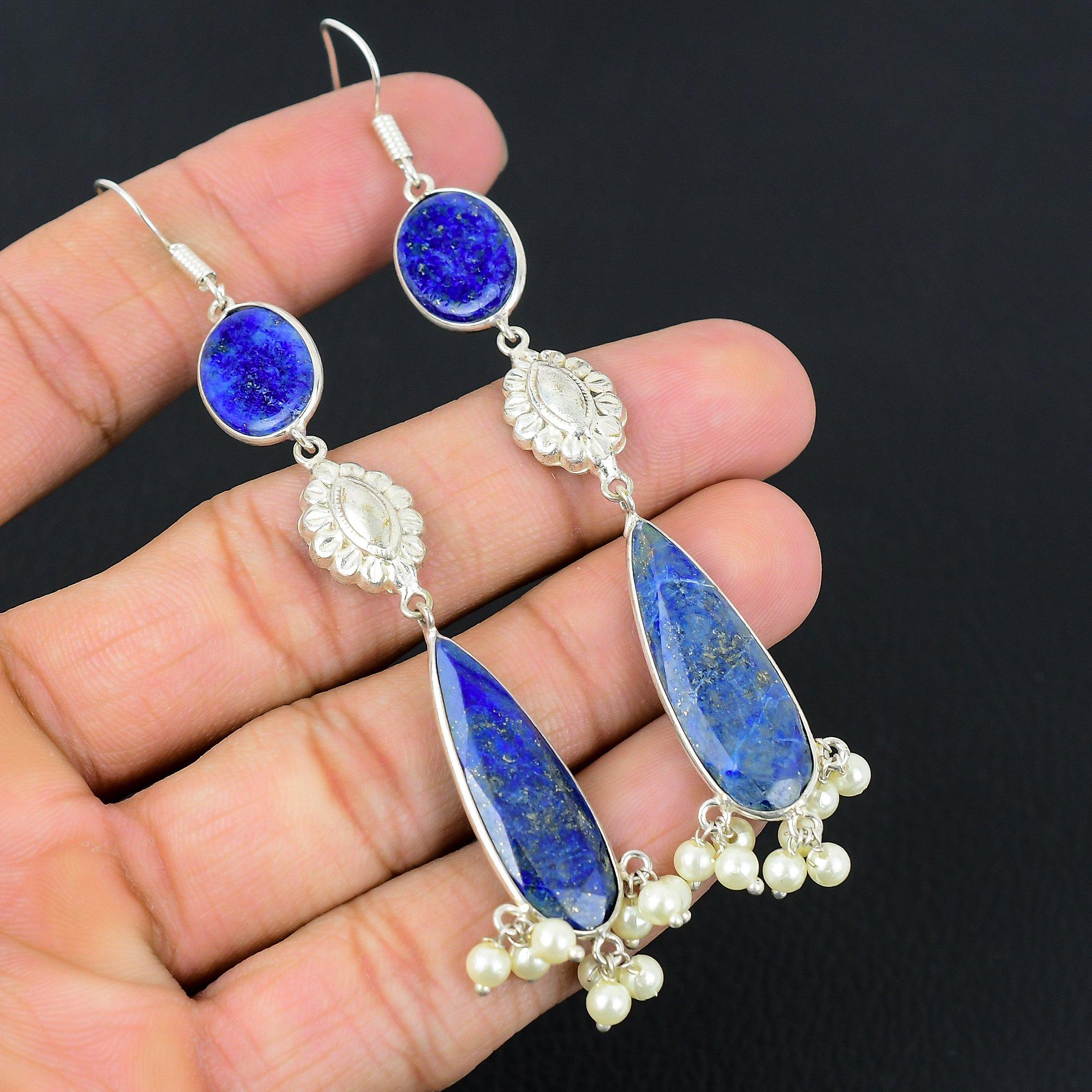 

Lapis Lazuli Gemstone Dangle Handcrafted Earrings Jewelry 925 Sterling Silver