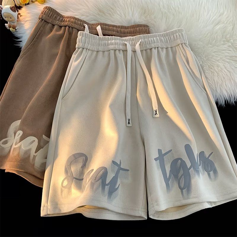 Pantaloncini Estivi Sportivi a Cinque Quarti con Stampa di Lettere Stile Europeo e Americano per Uomo con Coulisse Larghi