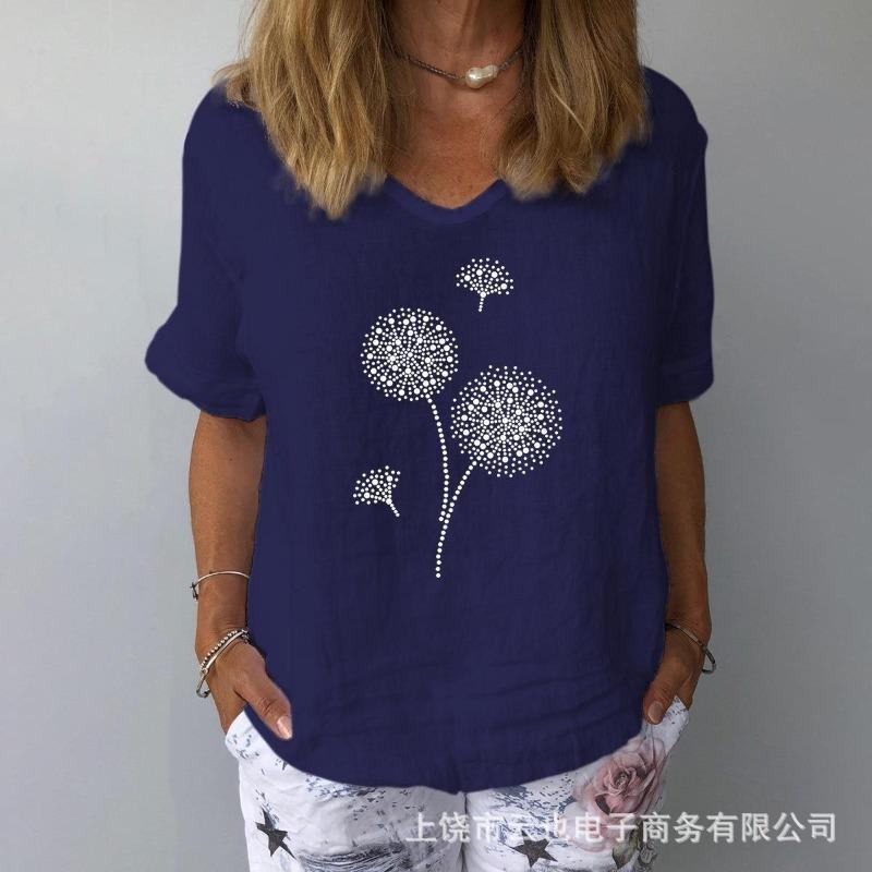 New Women's V-Neck Short Sleeve Loose Casual Pugongying T-Shirt