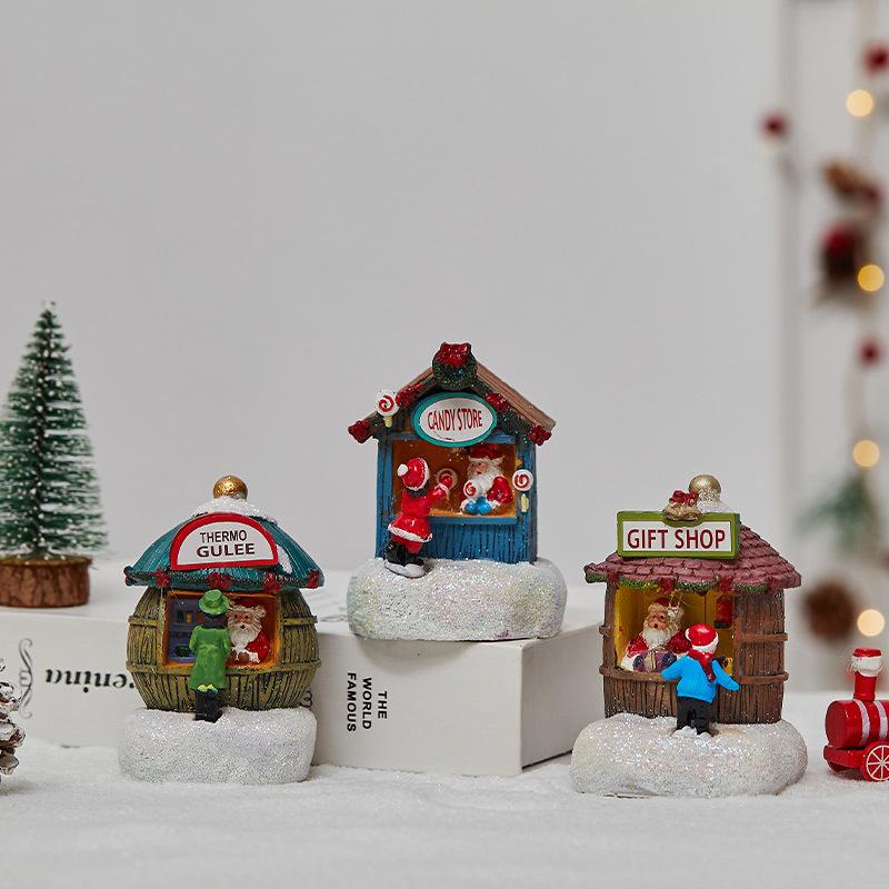 Glowing Christmas Village Houses Luminous Resin Miniature Santa Shop Scene Lighting Creative Holiday Christmas Holiday Supplies