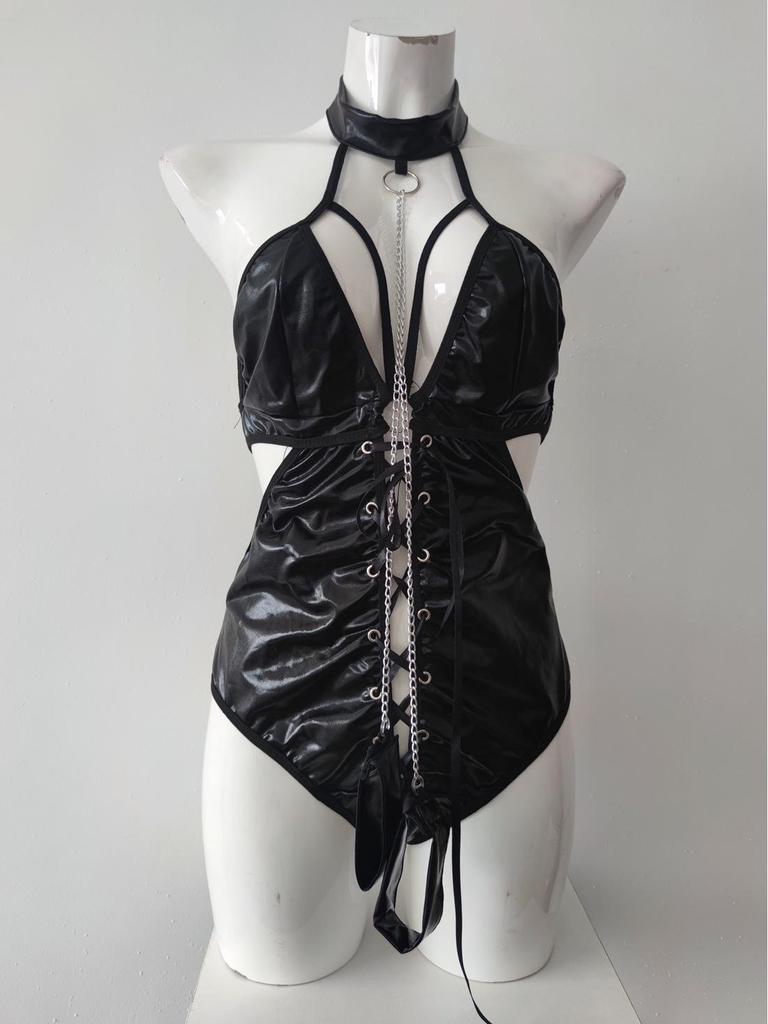 European & American Black Cutout One-Piece Lingerie Erotic Set for Women