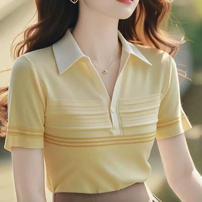 Koreańska Koszulka Polo z Jedwabiu Lodowego Damska Letnia Paski Kontrast Super Piękny Żółty Dzianinowy T-shirt Wygląda Cienko Pasuje do Wszystkiego Top