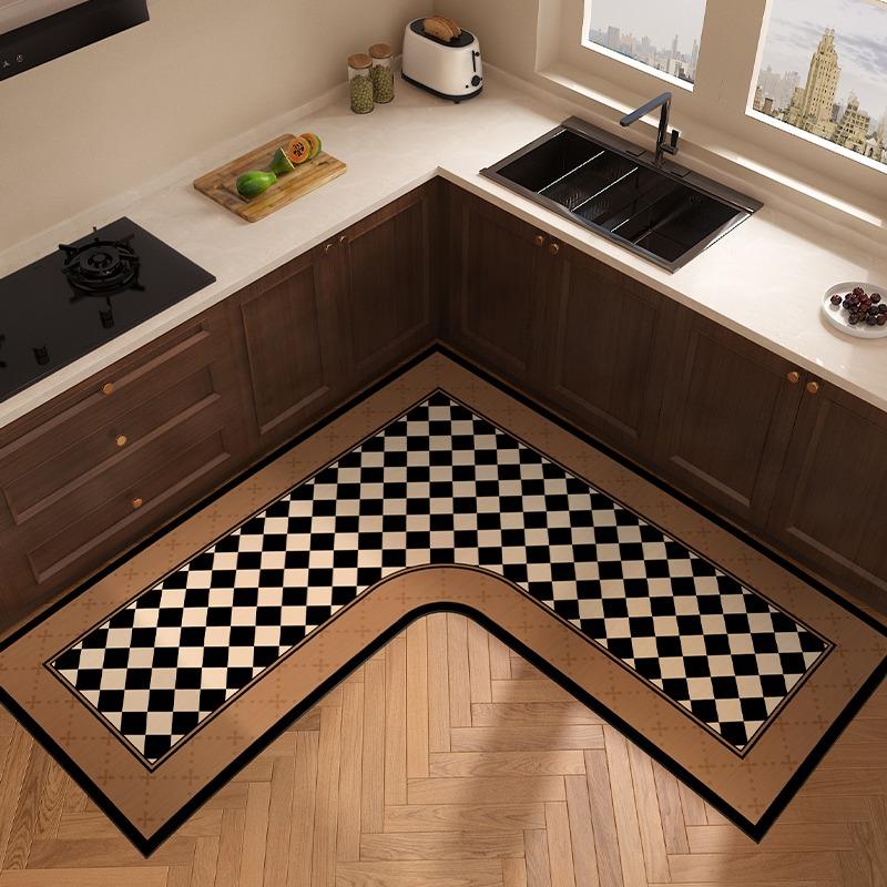 L-shaped Carpet for Kitchen Absorbent Non-slip Floor Mat Minimalist Retro Style Home Decoration Rug Oil Absorption Wipeable