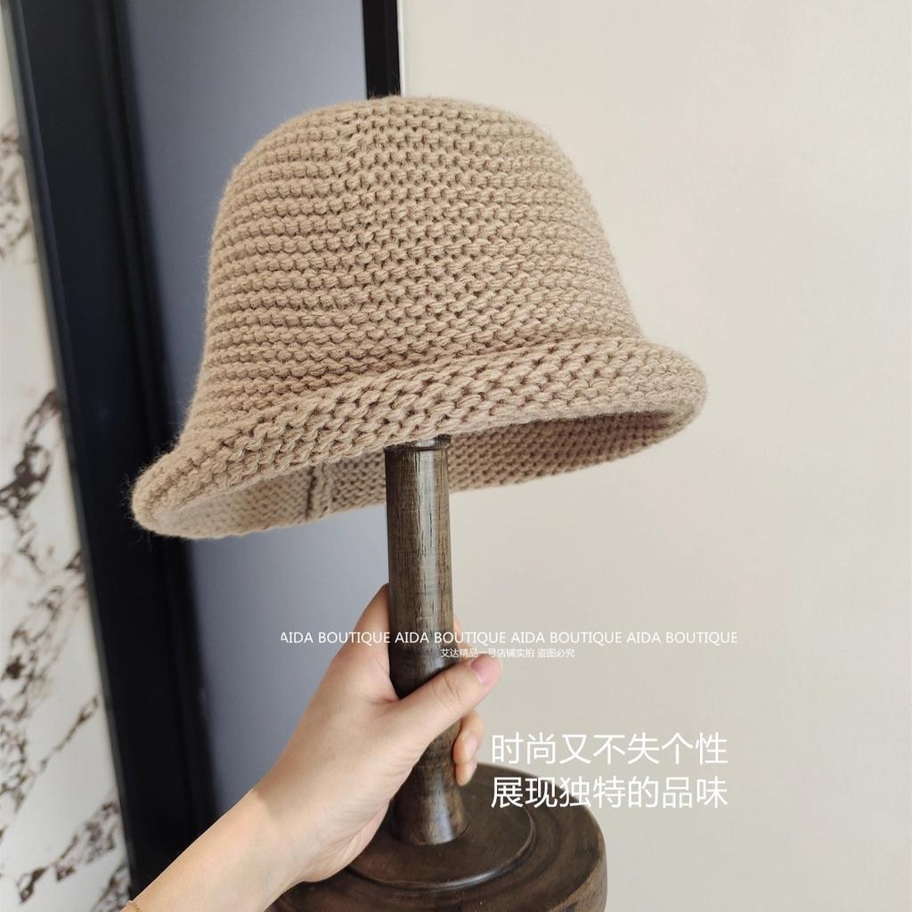 Korean version retro solid color wool hat women's warm and comfortable crimped knitted hat shows the face small thick wool bucket hat