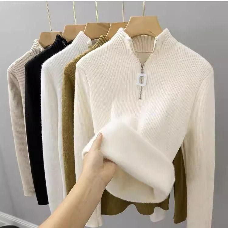 

Вязаный топ на молнии для женщин с полувысоким воротником в стиле вестерн и бархатным свитером с утолщенным воротником-стойкой, теплая толстовка с капюшоном, модный универсальный топ на осень/зиму XL бежевый