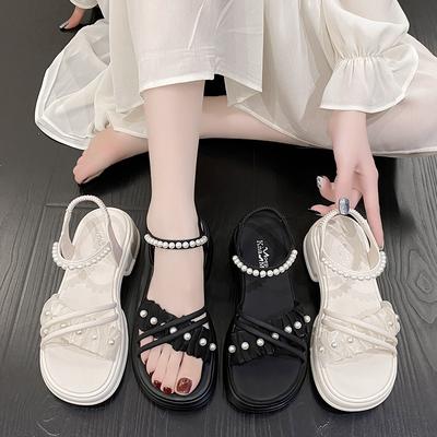 Sandals Women's Summer 2025 New Fashion Platform Fairy Style Roman Shoes Pearl Outer Soft-soled Sandals
