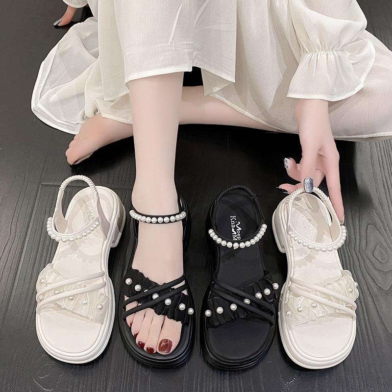 Sandals women's summer 2025 new fashion platform fairy style Roman shoes pearl outer soft-soled sandals