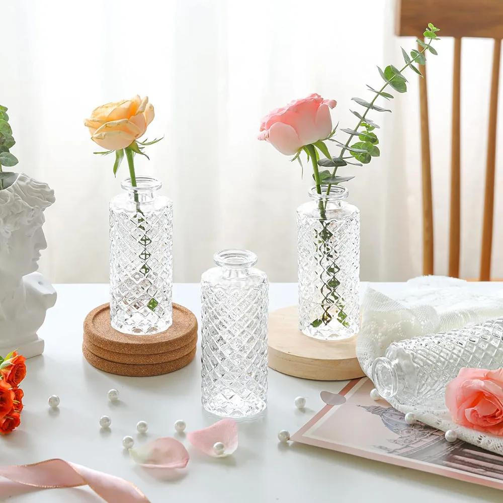 6pcs Coloful Vintage Vase Glass Relief Vase Hydroponic Flower Glass Vase Home Table Flower Decor Wedding Party Decorations