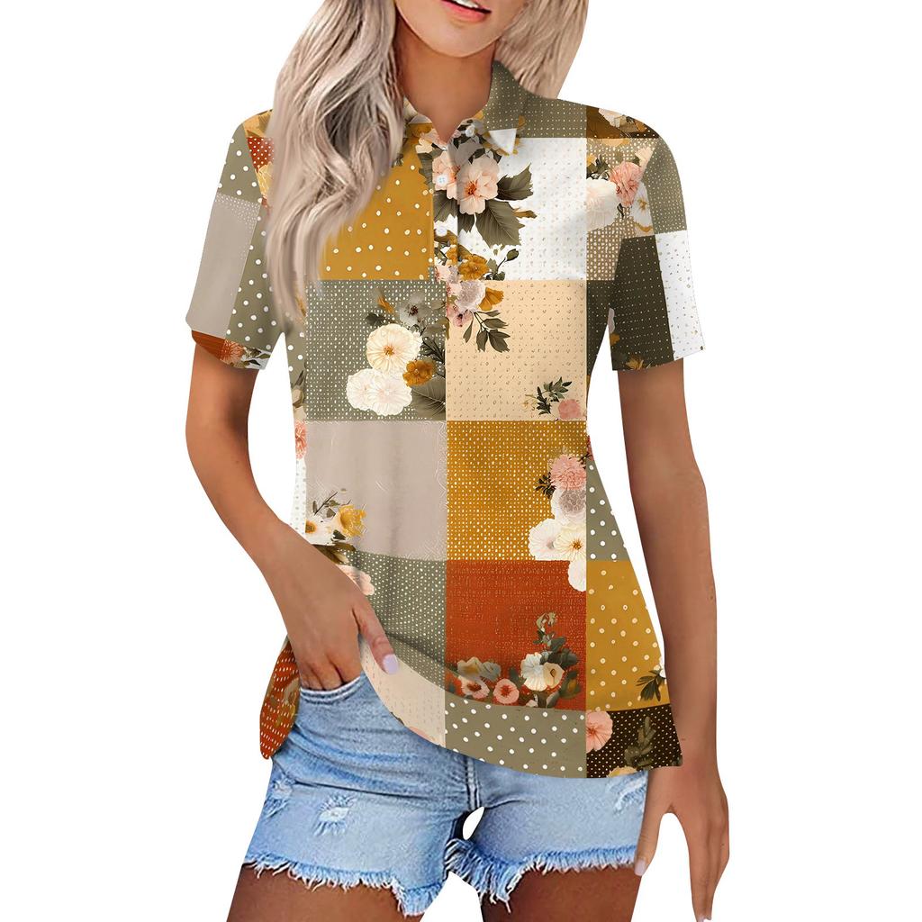 Women's Fashion Casual Lapel Short Sleeve Printed Shirt Women's Button Up Tops