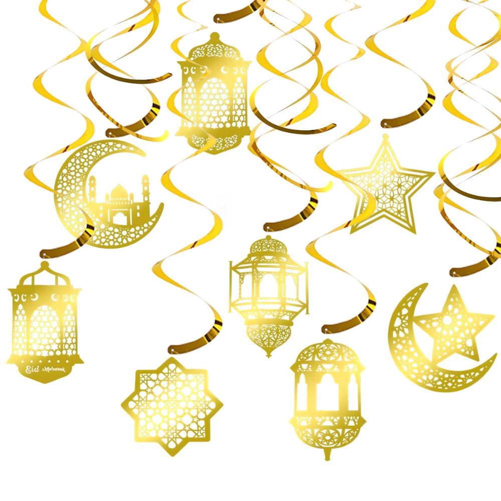 8Pcs Paper Garland Hanging Banner Pendant Star Moon Design Eid Mubarak Banner  Home Decor