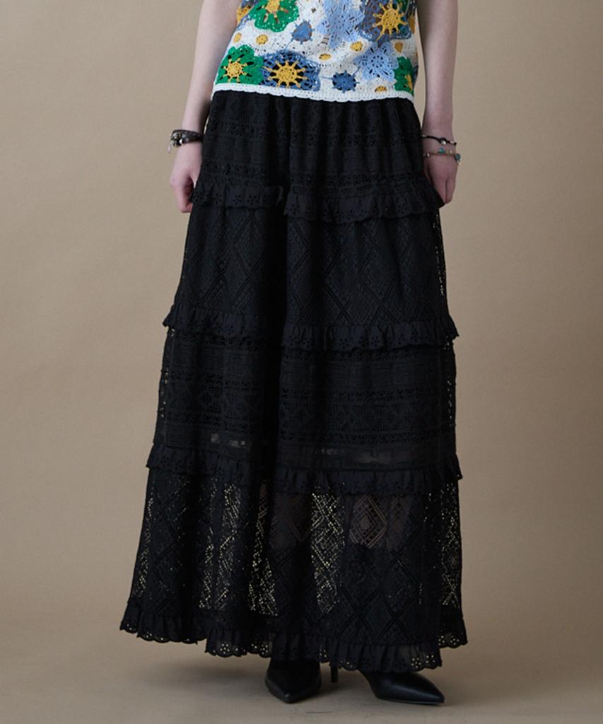 Penfield Crochet Tiered Long Skirt Black_Fr2Ks21F