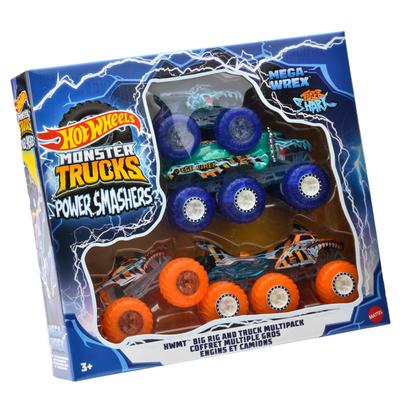 Hot Wheels Monster Truck Transporter Set Vehicle Toy Mini Car 4 Units Ages 3 and Up HYJ29 Blue/Orange