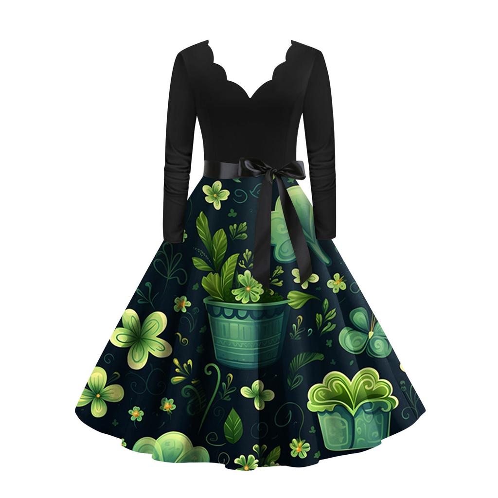 Women's Vintage Classic Dress Long Sleeve  Print Round Neck Swing Dress