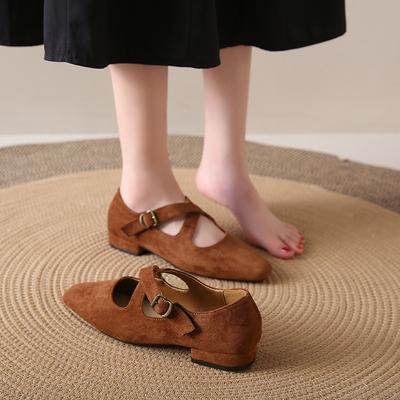 Fashion Low Heeled Mary Jane Single Shoes 2024 Leopard Print Women Shoes Flock Shallow Ballet Shoes Cross Buckle Shallow Soft Sole Flats