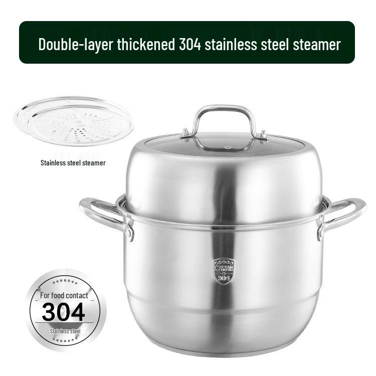 Extra Large 304 Stainless Steel Steamer with Glass Lid, 28-34cm, Dual/Triple Layer and Composite Bottom, Steel Handle