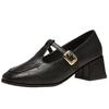 Soft Leather Retro Round Head Temperament Mary Jane Shoes Women's 2025 Autumn New One-word Buckle with Thick Heel Medium Heel Shoes
