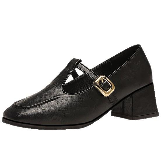 Soft Leather Retro Round Head Temperament Mary Jane Shoes Women's 2025 Autumn New One-word Buckle with Thick Heel Medium Heel Shoes