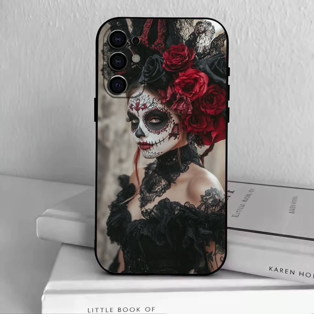 Day of the Dead Skull Phone Case For Samsung S25,S24,S21,S22,S23,S30,Ultra,S20,Plus,Fe,Lite,Note,10,Black Cover