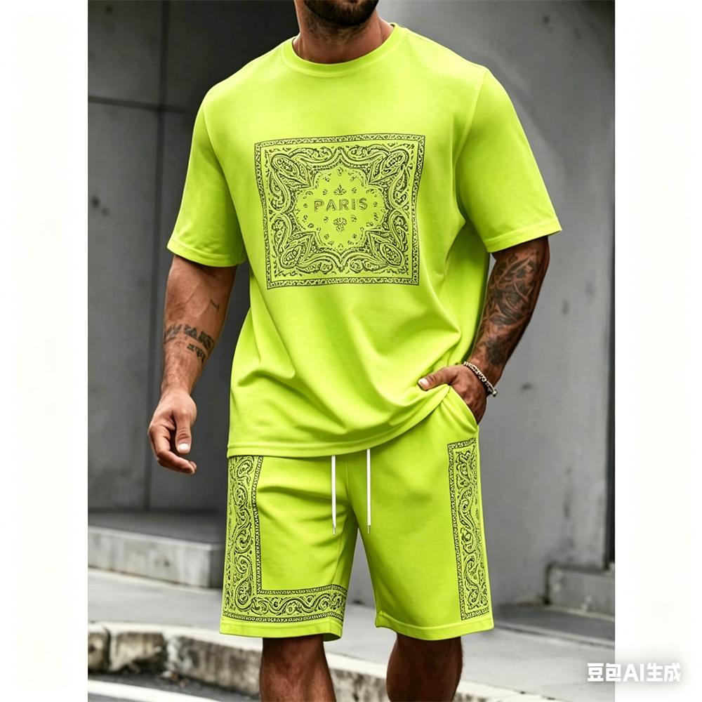 New Summer Set Men's 2 Piece Hip Hop Print Round Neck T Shirt Casual Fashion Style Suit Breathable Short Sleeve Shorts