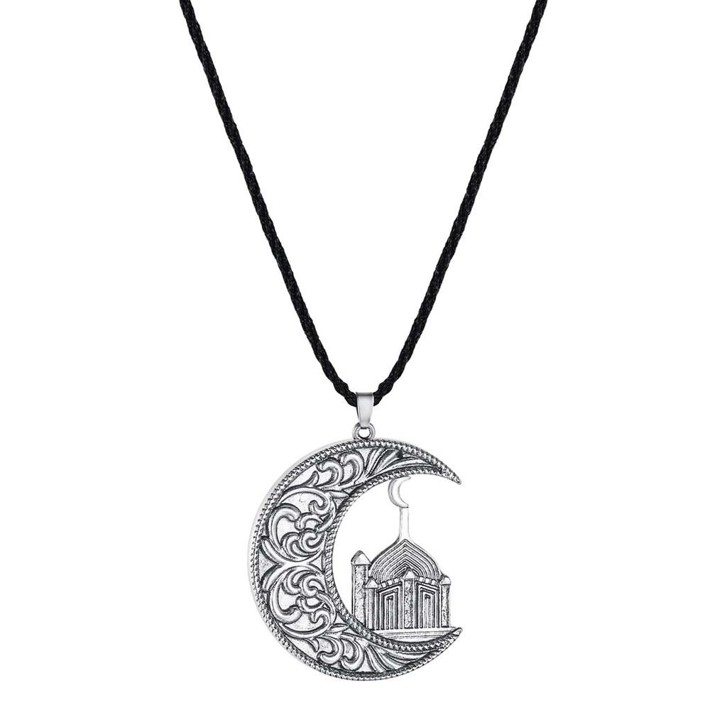 Kinitial Vintage Charm Muslim Crescent Moon Pendant Necklace For Women Men Retro Viking Slavic Amulet Necklace Jewelry Colar