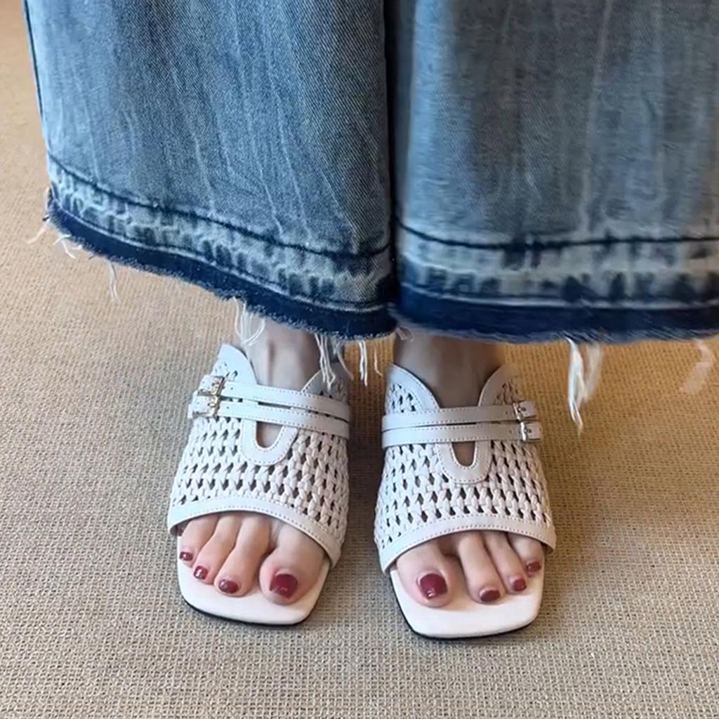 Sheepskin Version~ French One-word Slippers Women's Wedge Heel Leather Retro Woven Hollow Square Head Outer Wear Xia Liang Slippers