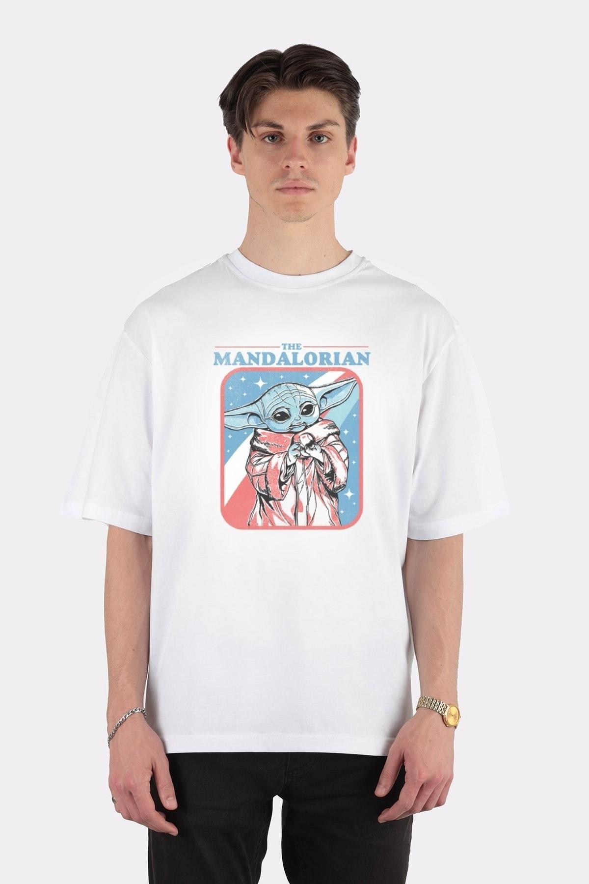 

Белая футболка оверсайз унисекс The Mandalorian Stars And Stripes Grogu