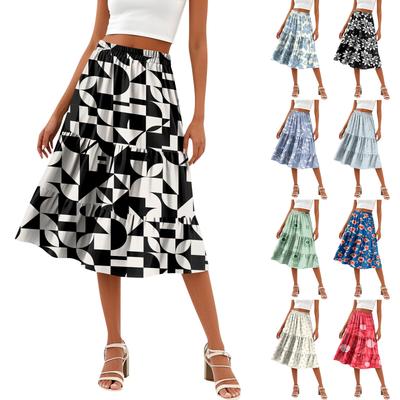 Damen Casual High Waist A-Linienrock Polka Dot Streifen Bedruckter Rock mit Taschen