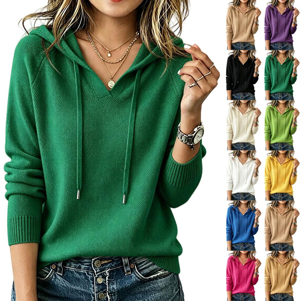 Women's Long Sleeve Knit Hoodie Pullover with Drawstring Adjustable Hood Casual Lightweight Soft Fit Sweater Top for Everyday Wear