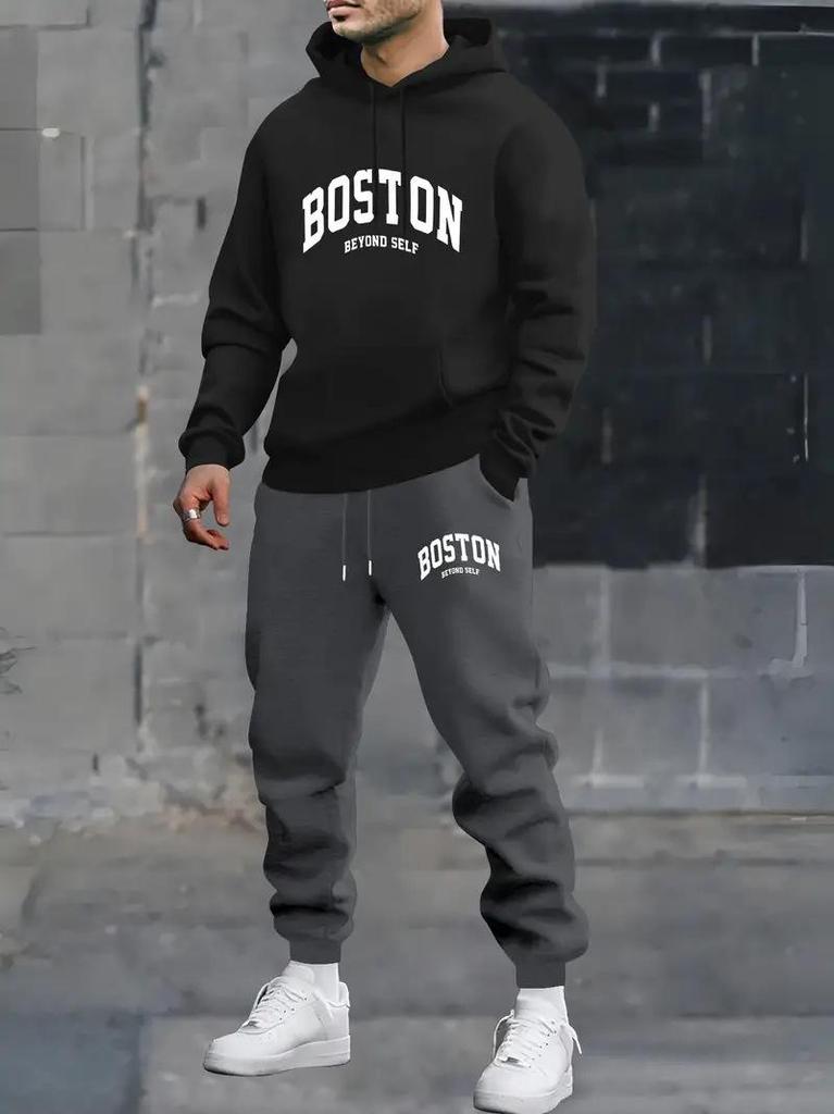 Herren Boston Print Kapuzenpullover mit langen Ärmeln und Jogginghosen Set, Lässige Trendige Sportbekleidung