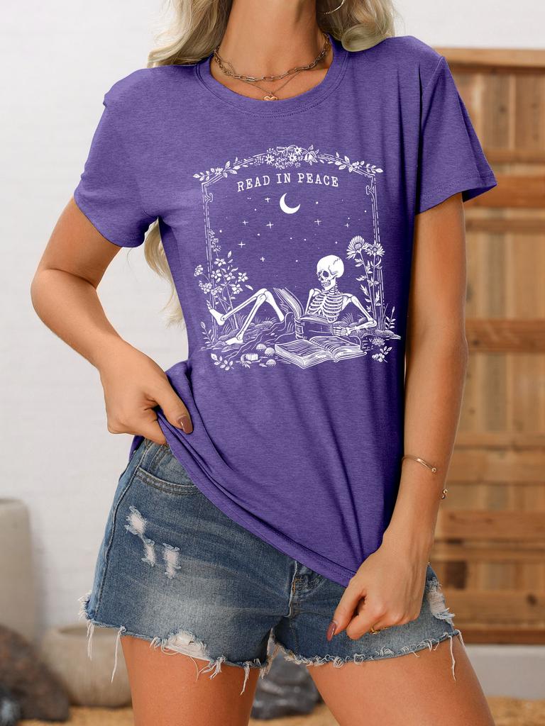 Summer new crewneck Womens casual Tshirt read in peace skull print loose shortsleeved fashion top with all the trend pullove