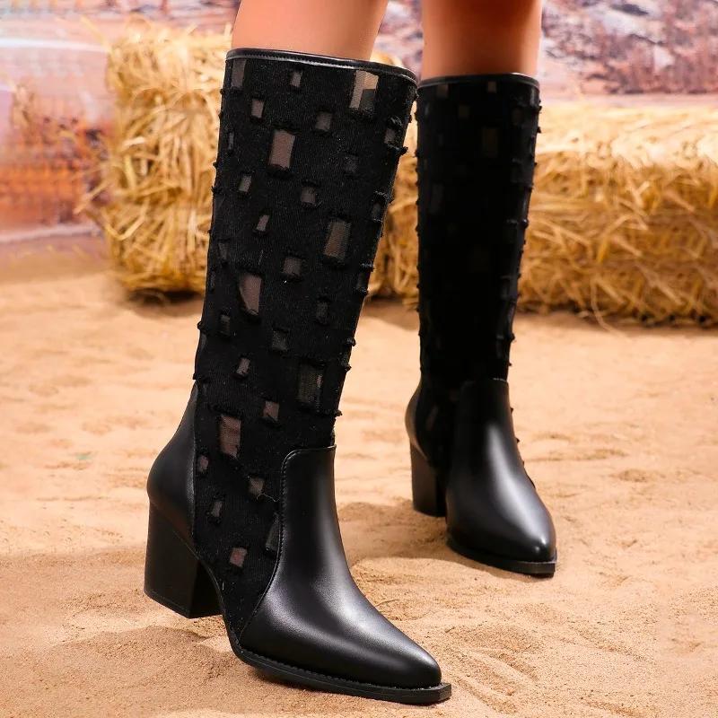 Pointed Toe Women High Heels Chelsea Knee High Boots Mesh Chunky Shoes Winter 2025 New Fashion Snow Boots Goth Pumps Botas Mujer