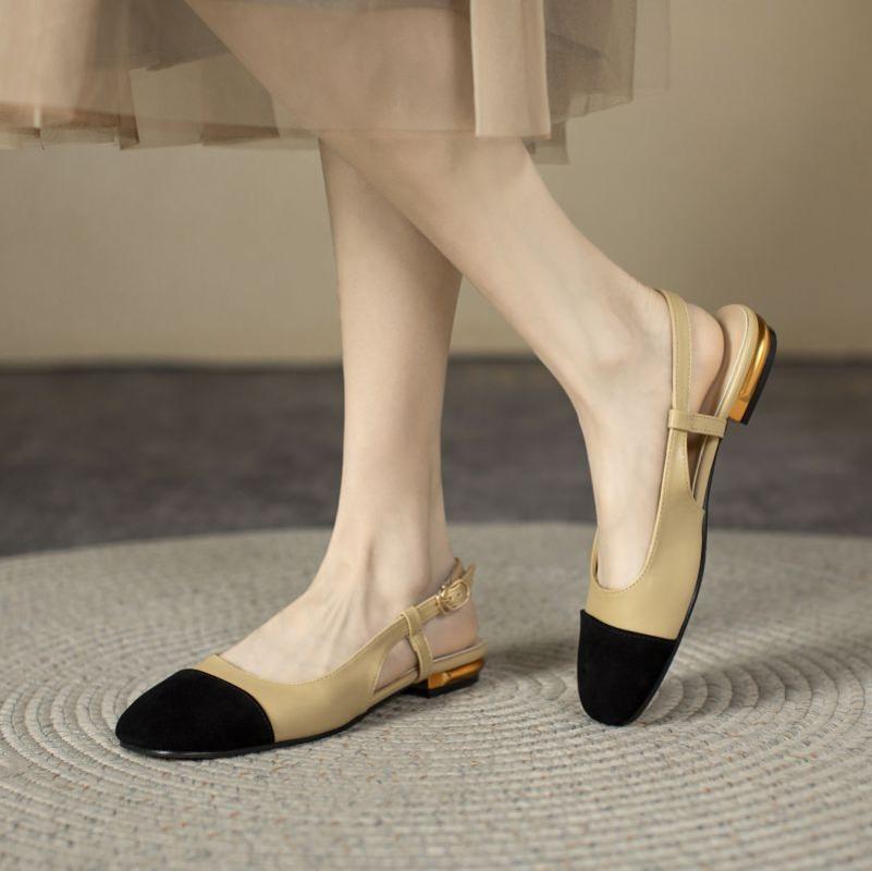 Low-heeled Retro Cover Head Sandals Women's 2025 Summer New Round Toe Flock Pacthwork Ankle Buckle Strap Office Shoes Sandales