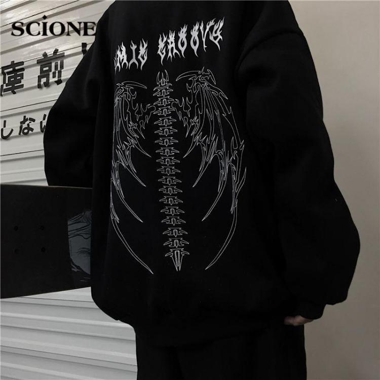 Trendy Gothic Oversized Hoodie for Women Girls Black White Couple Streetwear Sweatshirts Updated Tops