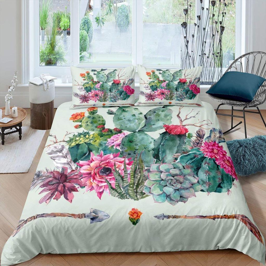Cactus Duvet Cover Set King Size Hand Painted Style Bedding Set Nature Art Prints Comforter Cover Green Plant Cactus Quilt Cover