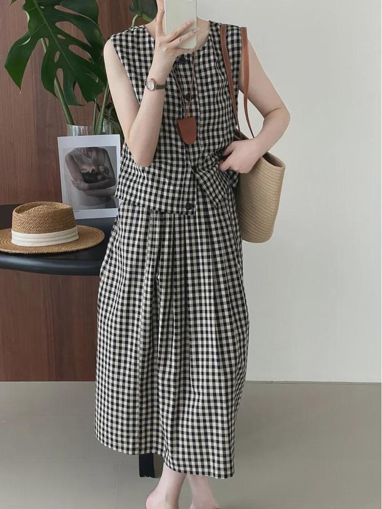 Taochuan Japanisches Retro-Karomuster Ärmellose Weste & High-Waist Elastisches Rock-Set für Damen