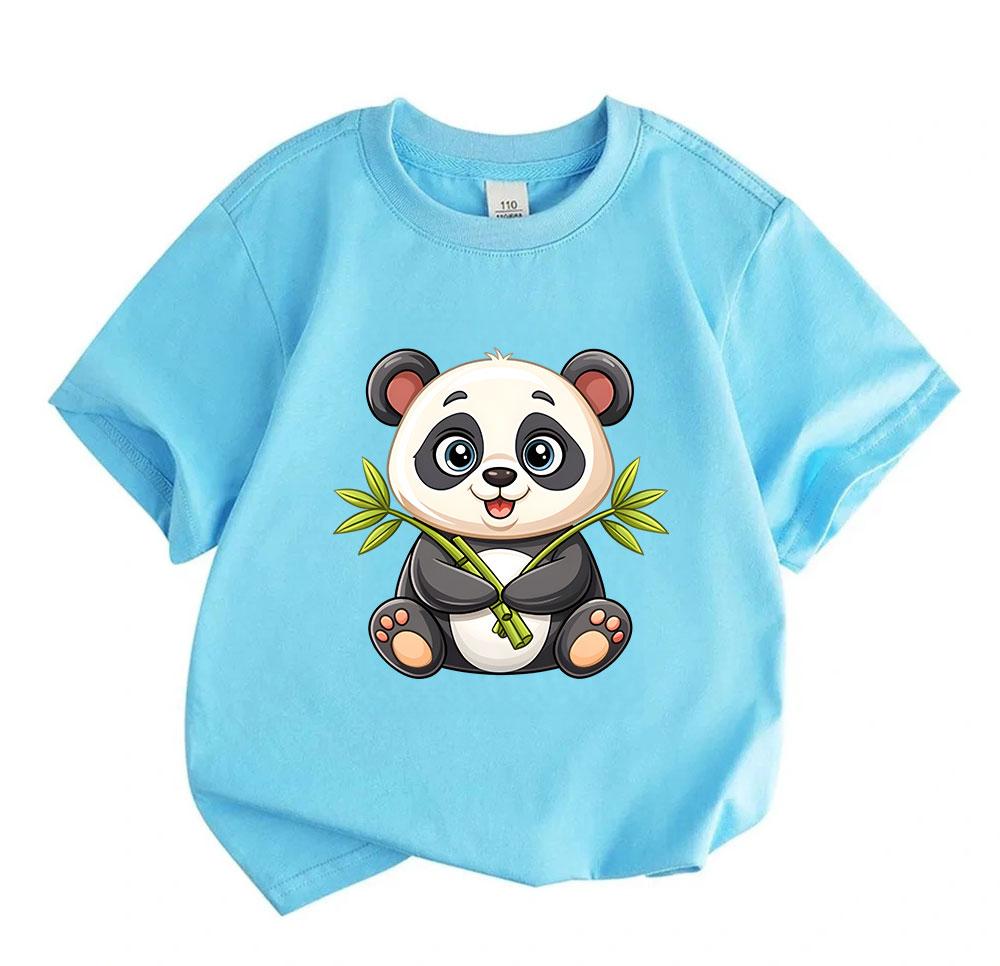 Cute Cartoon Panda Holding Bamboo Kids 100% Cotton Crew Neck Short Sleeve T-Shirt for Boys Girls Casual Soft Breathable Summer Animal Pattern Printed