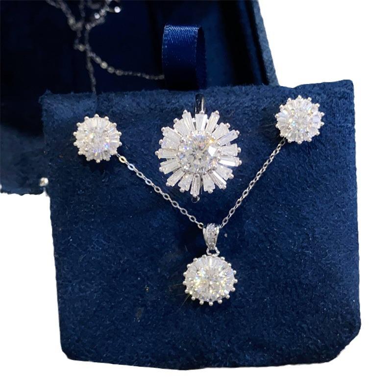 D Color Moissanite Sunflower Jewelry Set with Certificate: Ring, Earrings, Pendant, Diamond Tester Pen & Black Card