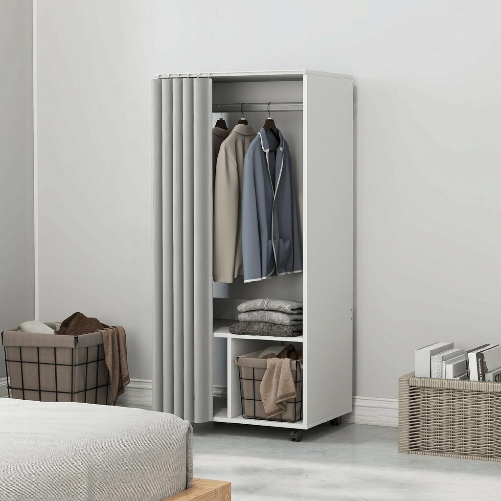 Wardrobe, Mobile Storage Cabinet, Curtain, Hanging Rail, 60 X 40 X 128 Cm, White