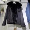 Winter Women Jacket with Furry Hood Thickened Plush Long Sleeves Pockets Button Closure Flap Pockets Coat Short Type Windproof Warm Denim Coat