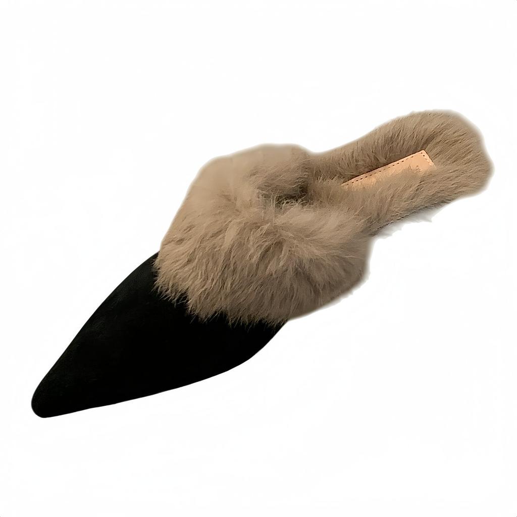 2025 Autumn and Winter New Kitten with Pointed Head Fluffy Half Slippers Outside Wearing Bag Head Real Hair Short with Mueller Bag Head Drag