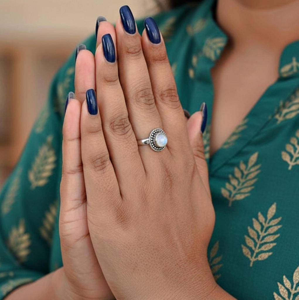 Round Shape Rainbow Moonstone Ring, 925 Sterling Silver, Minimalist Boho Ring, Promise Ring for Her