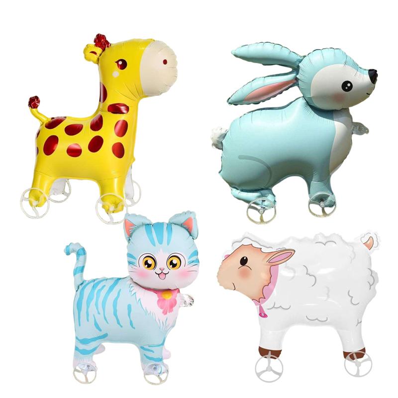 1Pc Cartoon Foil Balloon Animal Stand Walking Balloon With Wheel For Kid Birthday Party Decor Ballons Baby Shower Accessories